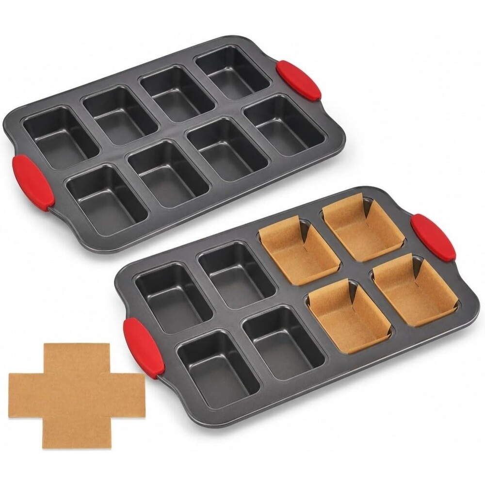 Mini Loaf Pan 2 Pack 8-Cavity Nonstick Carbon Steel Bread Pan w/100 Liners